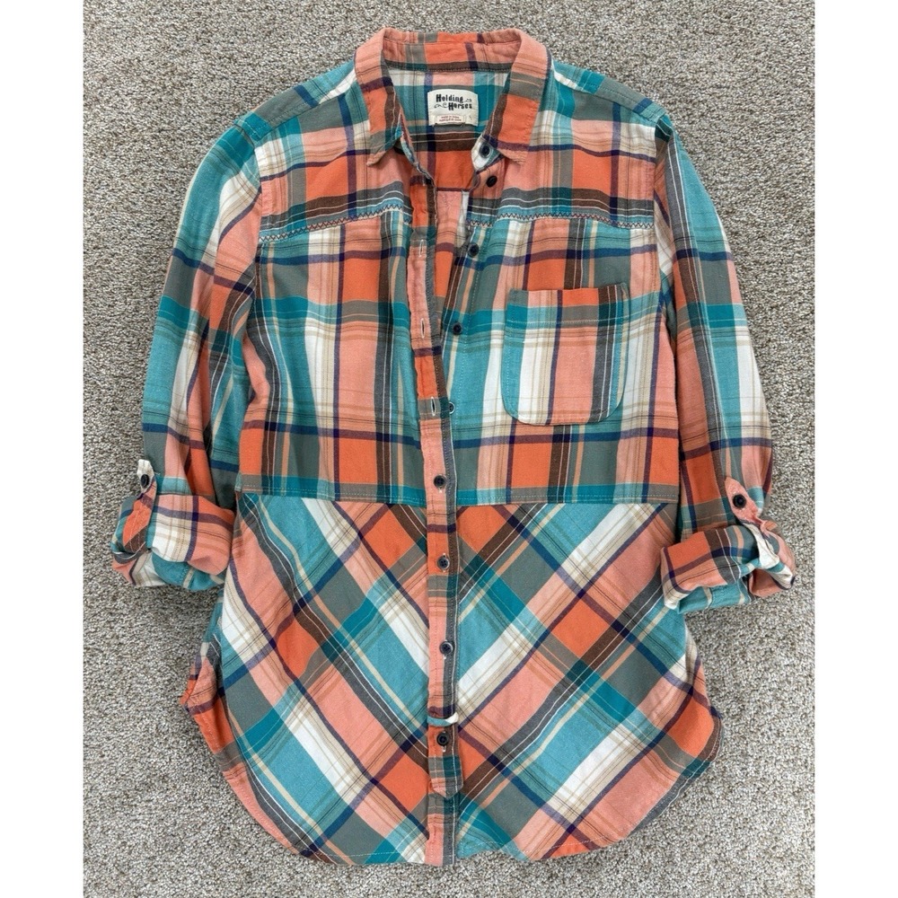 Anthropologie Holding Horses Seamed Plaid Tunic Button Up Size S Cotton‎ Flannel
